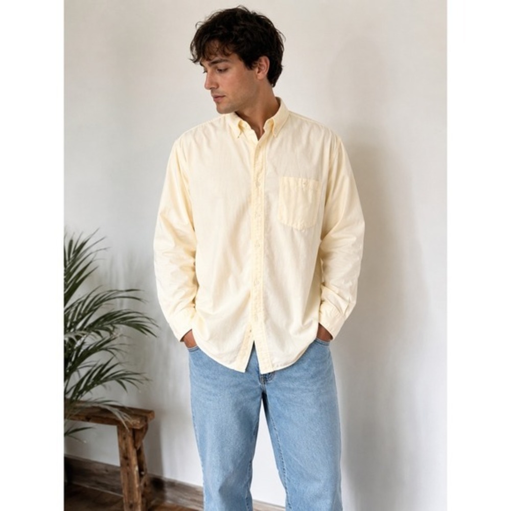 Faded Glory Butter Yellow Cotton Button Up Shirt Men's Large Long Sleeve Casual